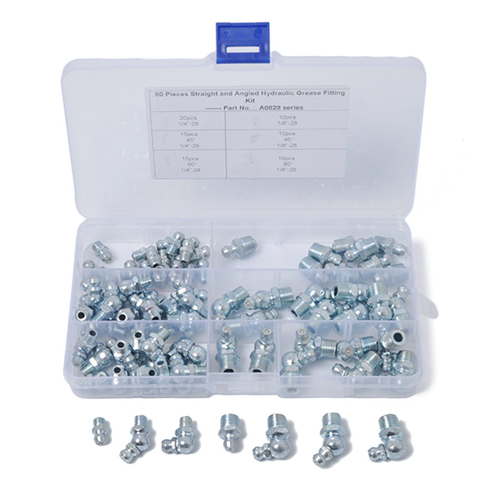 A0828 80Pcs 45 / 90 Degree Angled and Straight Hydraulic Grease Fitting Assort Kit A0828 80Pcs 45 / 90 Degree Angled and Straight Hydraulic Grease Fitting Assort Kit